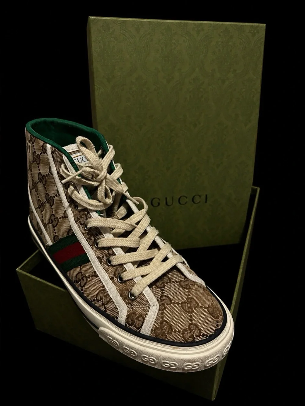 Gucci GG Canvas High-Top Sneaker in Beige with Green & Red Stripe